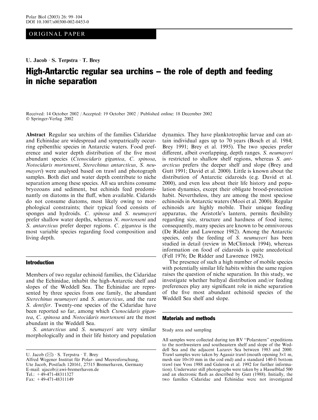 High-Antarctic Regular Sea Urchins – the Role of Depth and Feeding in Niche Separation