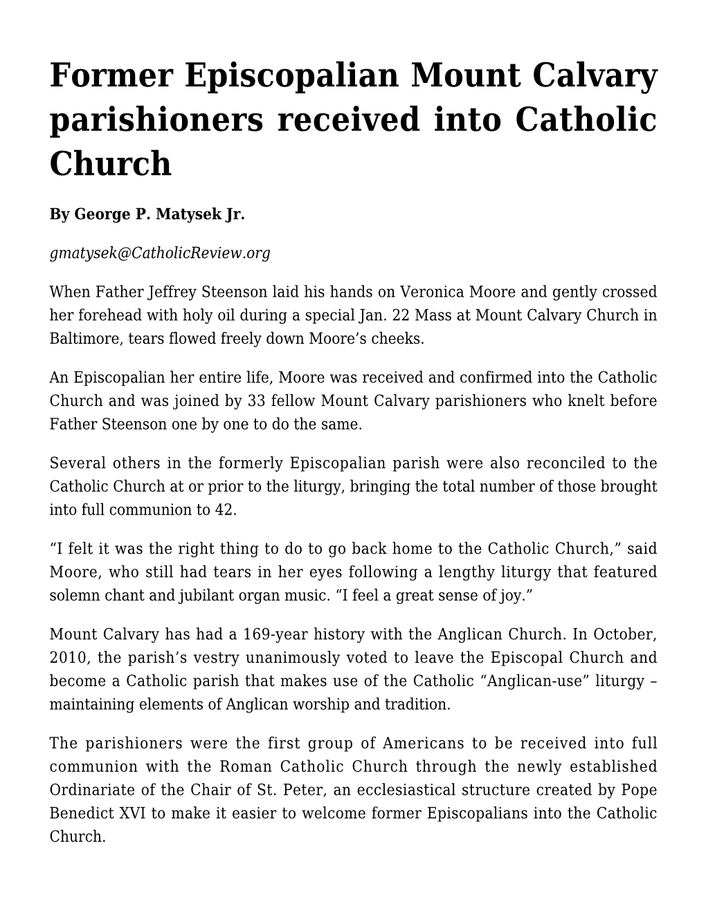 Former Episcopalian Mount Calvary Parishioners Received Into Catholic Church