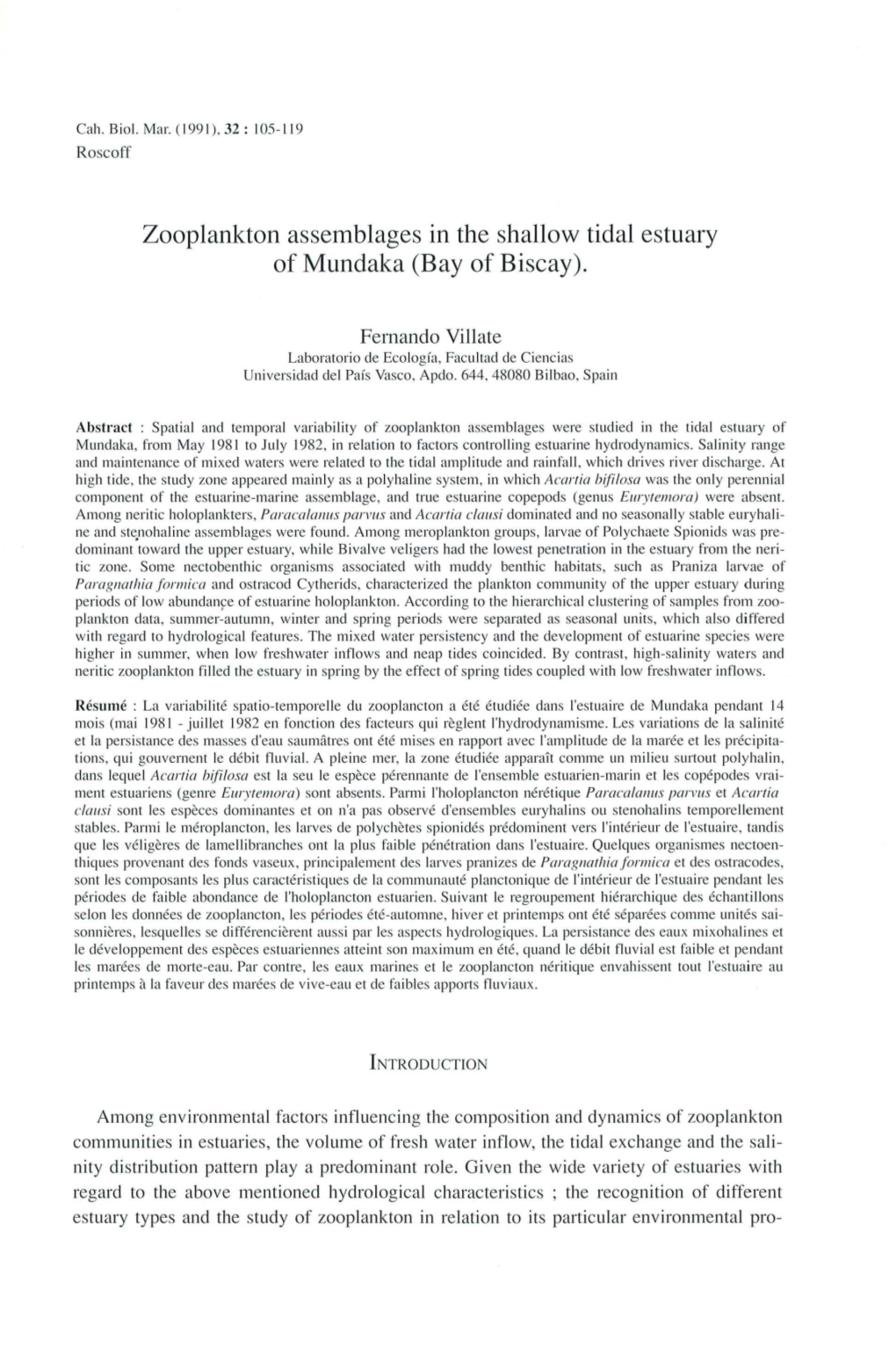 Zooplankton Assemblages in the Shallow Tidal Estuary of Mundaka (Bay of Biscay)