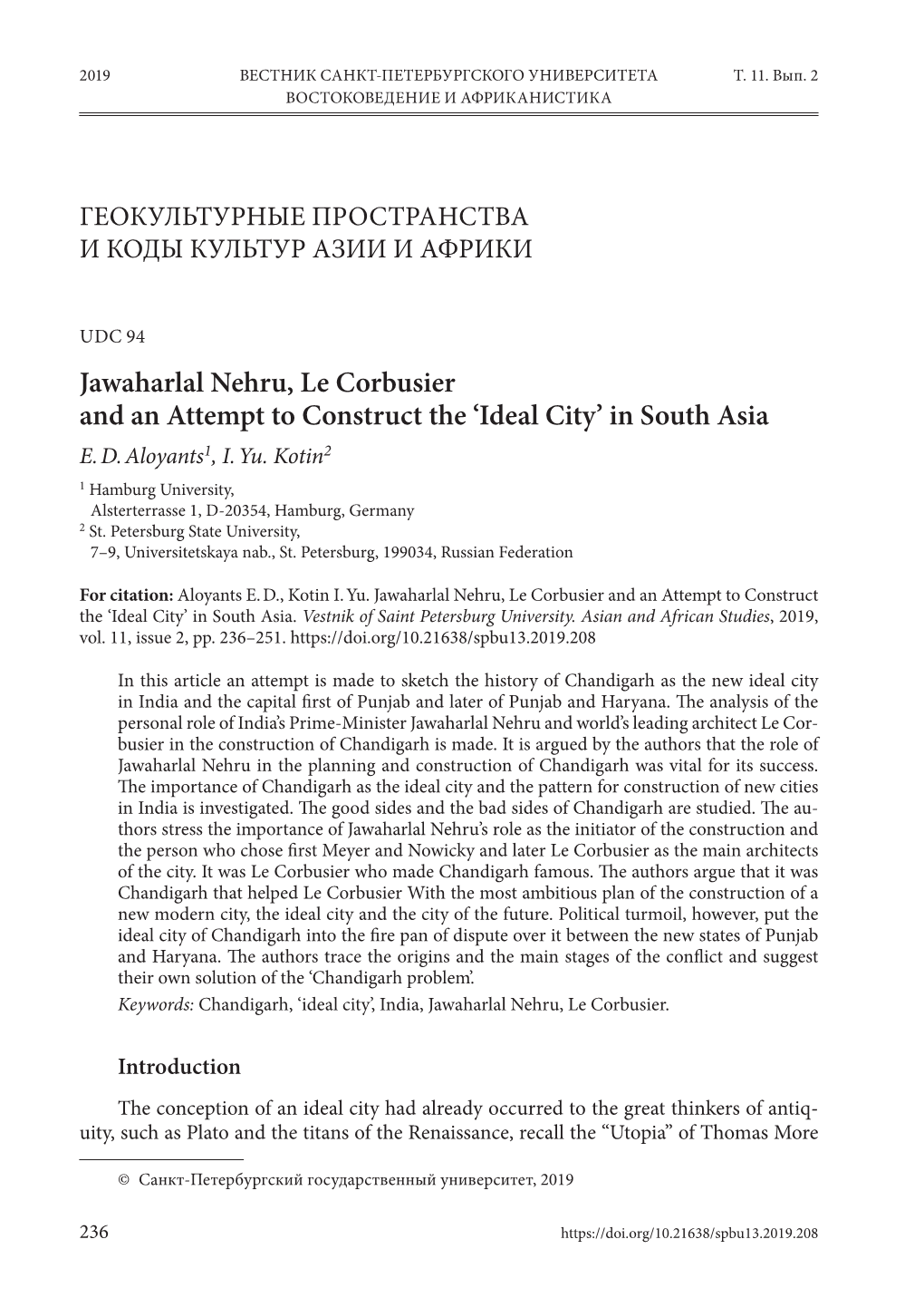 Jawaharlal Nehru, Le Corbusier and an Attempt to Construct the ‘Ideal City’ in South Asia E