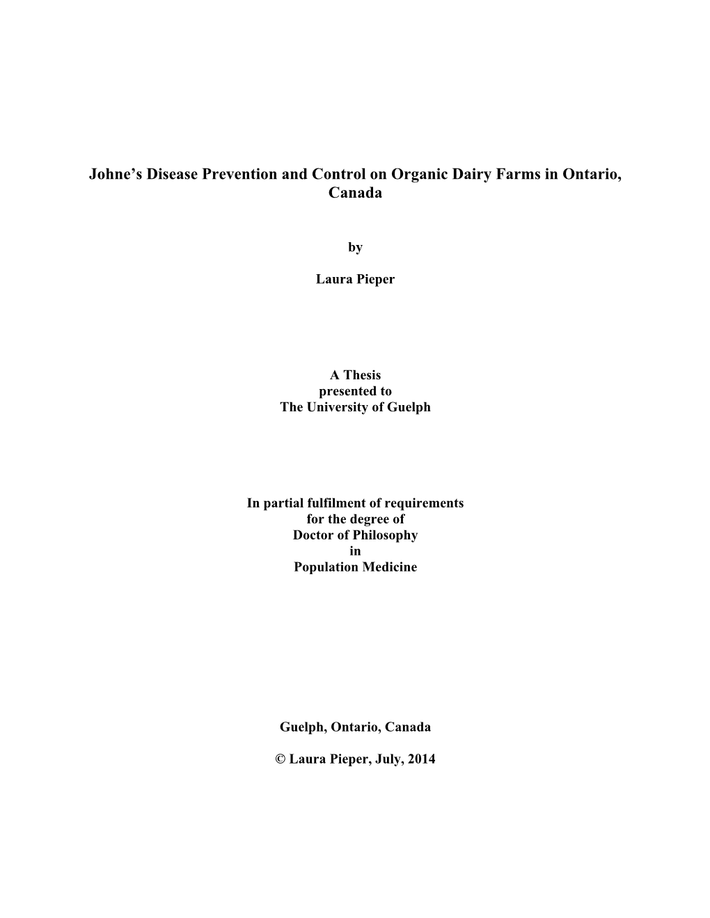 Johne's Disease Prevention and Control on Organic Dairy Farms in Ontario, Canada