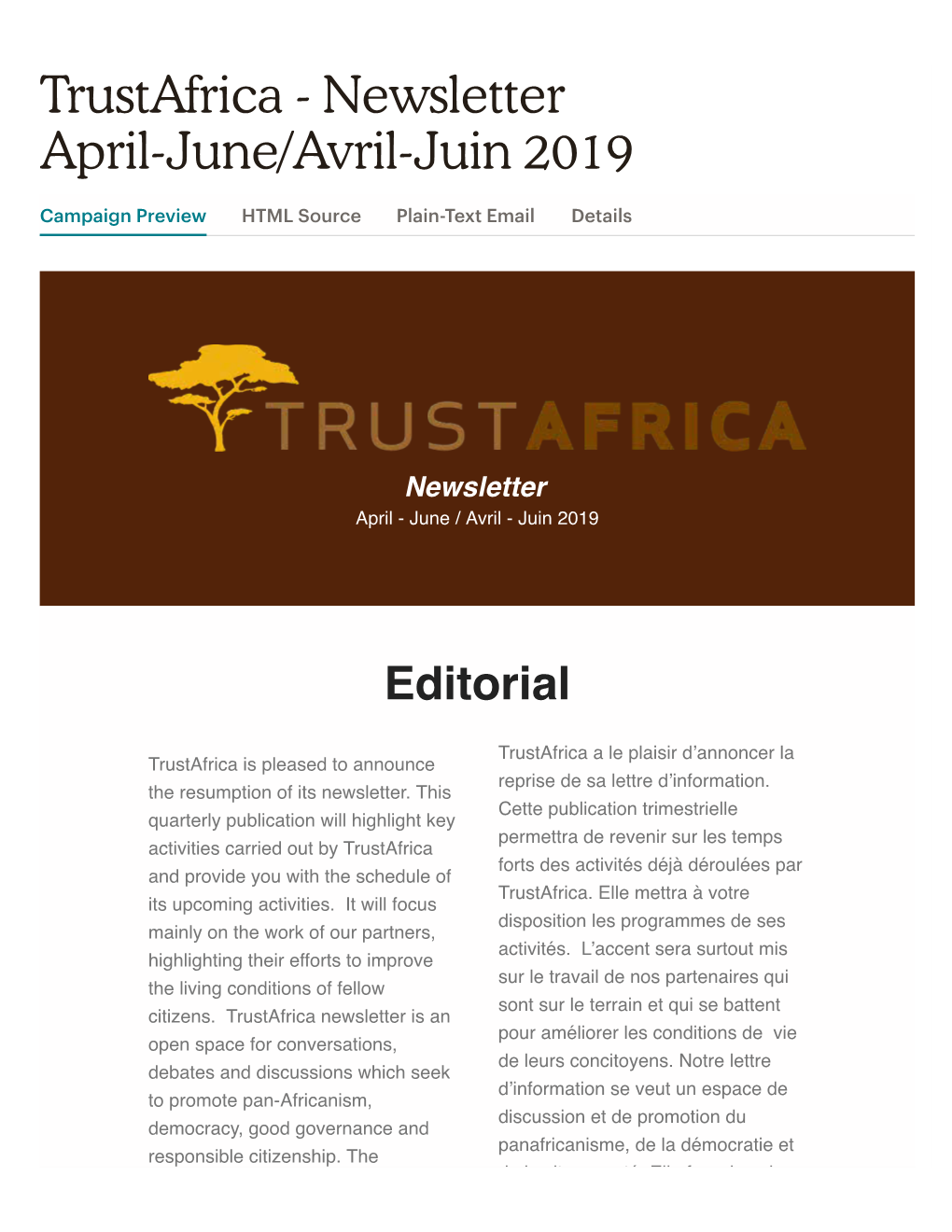 Trustafrica - Newsletter April-June/Avril-Juin 2019