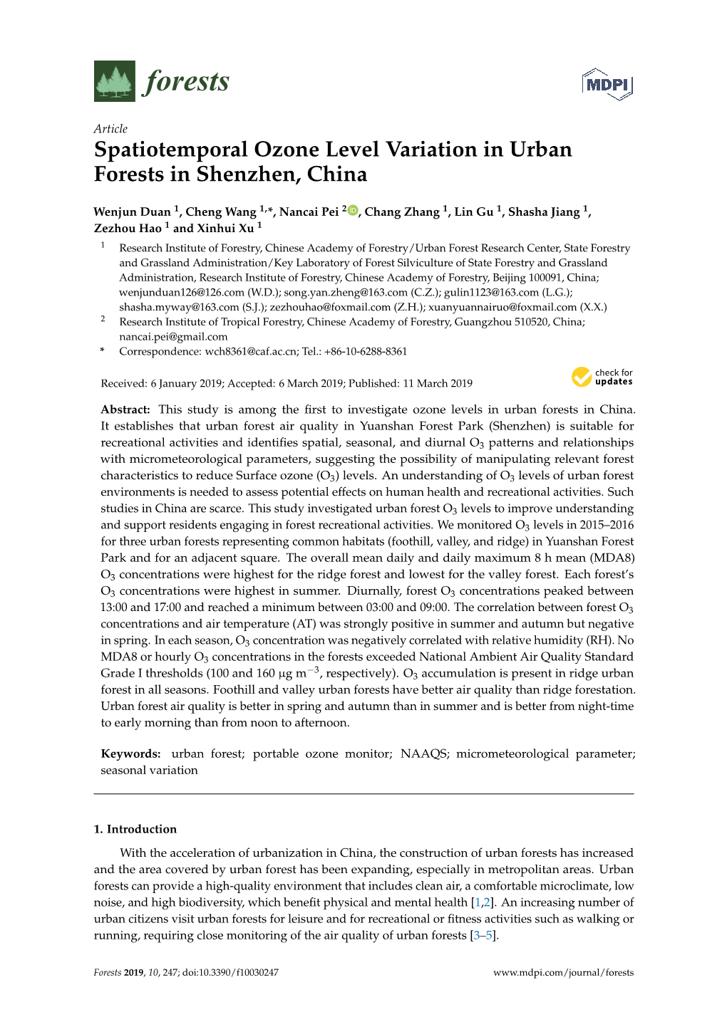 Spatiotemporal Ozone Level Variation in Urban Forests in Shenzhen, China