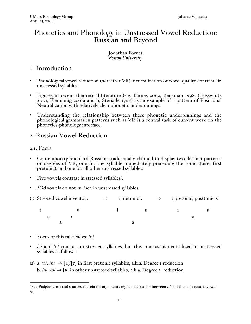 Phonetics and Phonology in Unstressed Vowel Reduction: Russian and Beyond