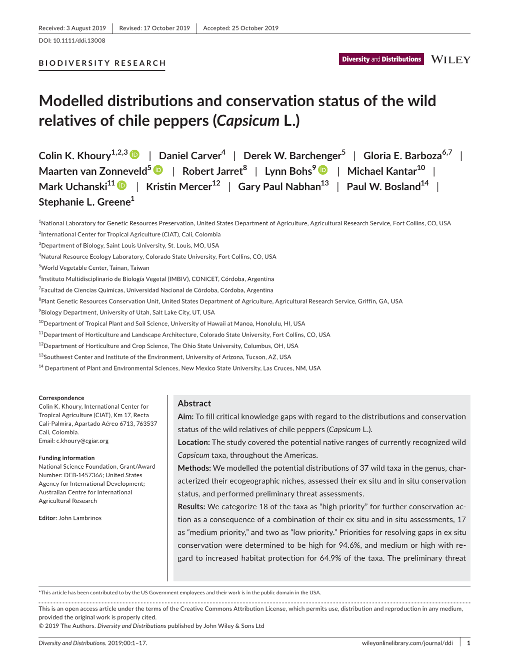 Modelled Distributions and Conservation Status of the Wild Relatives of Chile Peppers (Capsicum L.)