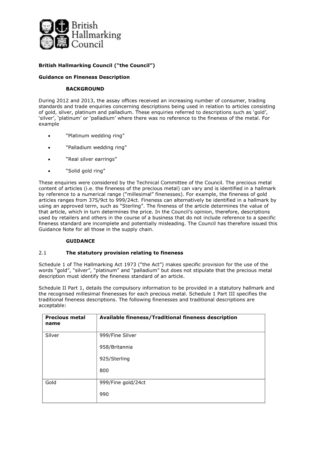 Guidance on Fineness Description for Precious Metal Articles