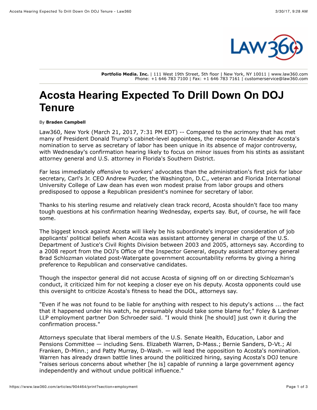 Acosta Hearing Expected to Drill Down on DOJ Tenure - Law360 3/30/17, 9:28 AM