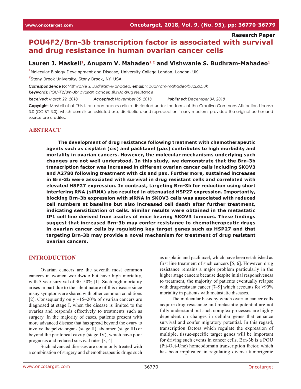 POU4F2/Brn-3B Transcription Factor Is Associated with Survival and Drug Resistance in Human Ovarian Cancer Cells