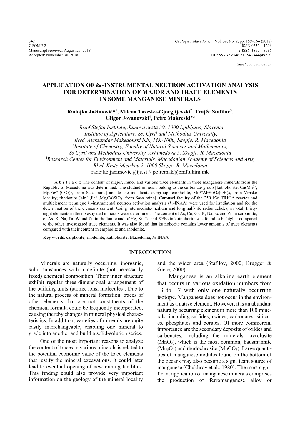 Instrumental Neutron Activation Analysis for Determination of Major and Trace Elements in Some Manganese Minerals