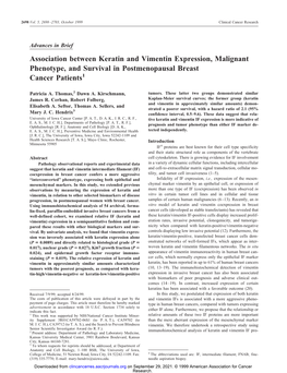 Association Between Keratin and Vimentin Expression, Malignant Phenotype, and Survival in Postmenopausal Breast Cancer Patients1
