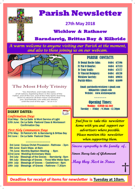 Parish Newsletter 27Th May 2018 Wicklow & Rathnew Barndarrig, Brittas Bay & Kilbride