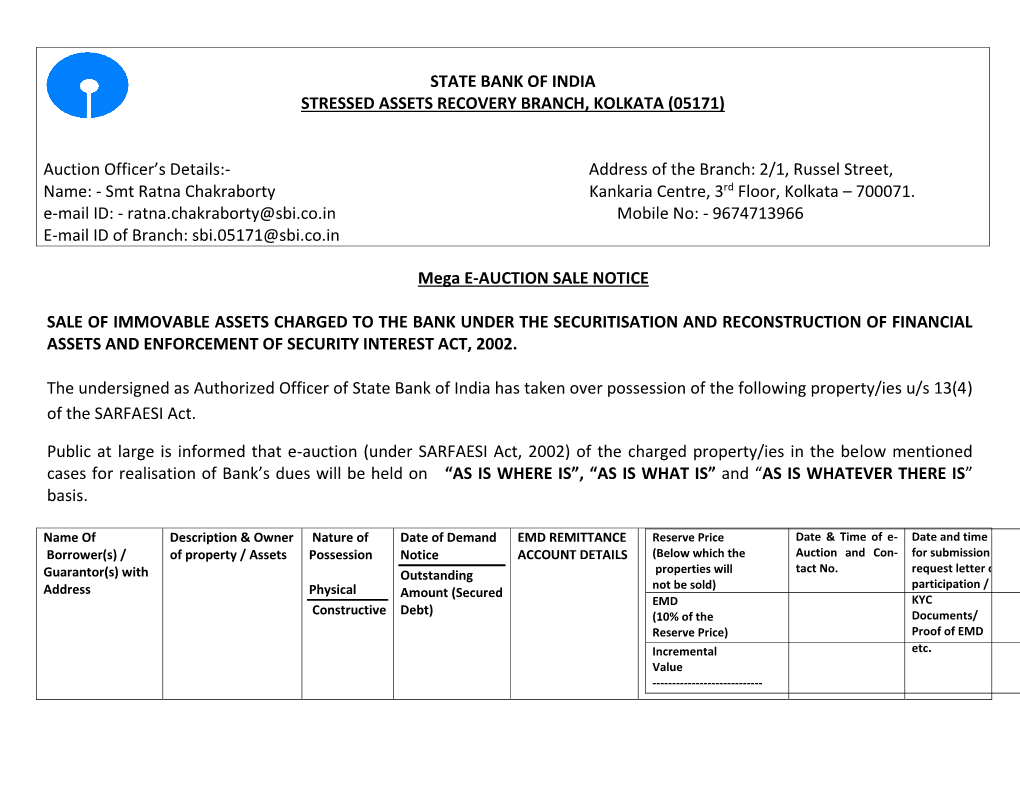 State Bank of India Stressed Assets Recovery Branch, Kolkata (05171)