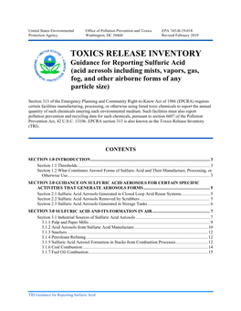 TOXICS RELEASE INVENTORY Guidance for Reporting Sulfuric Acid (Acid Aerosols Including Mists, Vapors, Gas, Fog, and Other Airborne Forms of Any Particle Size)