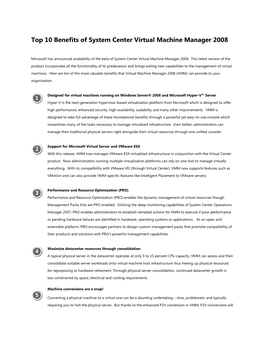 Top 10 Benefits of System Center Virtual Machine Manager 2008