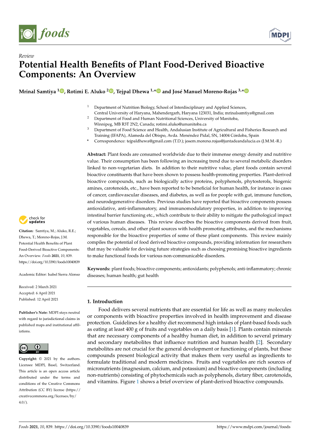 Potential Health Benefits of Plant Food-Derived Bioactive Components