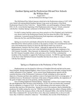 Gardiner Spring and the Presbyterian Old and New Schools by William Hoyt August 2011 for the Presbyterian Heritage Center