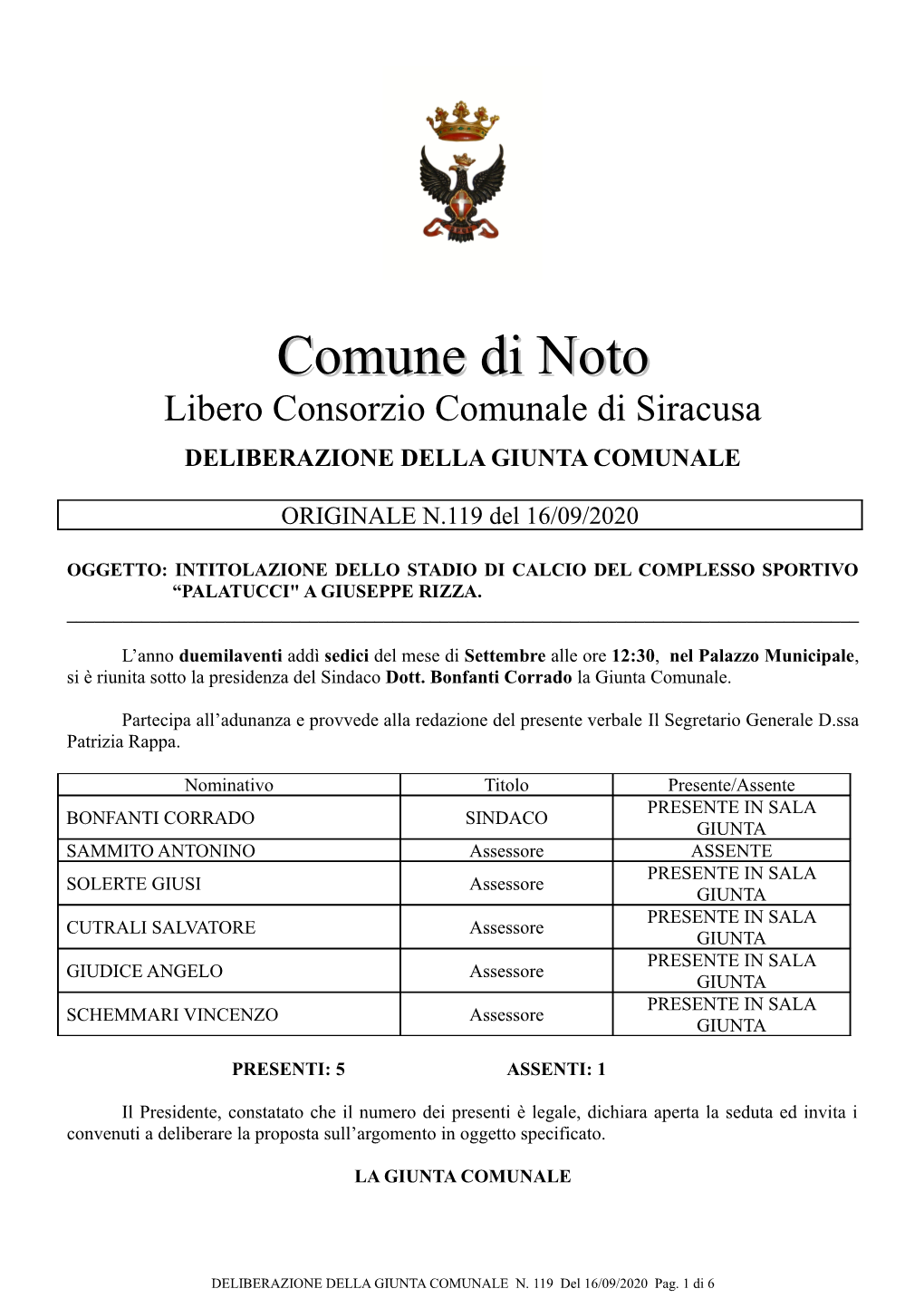 Libero Consorzio Comunale Di Siracusa DELIBERAZIONE DELLA GIUNTA COMUNALE