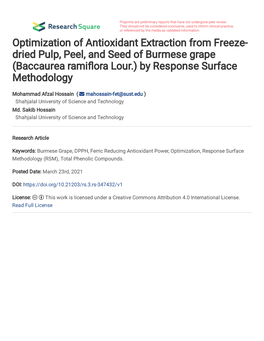 Optimization of Antioxidant Extraction from Freeze-Dried Pulp, Peel, and Seed of Burmese