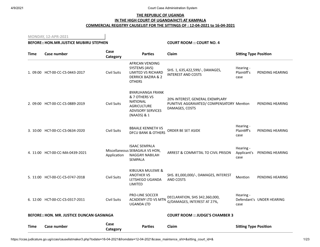 THE REPUBLIC of UGANDA in the HIGH COURT of UGANDA(HCT) at KAMPALA COMMERCIAL REGISTRY CAUSELIST for the SITTINGS of : 12-04-2021 to 16-04-2021
