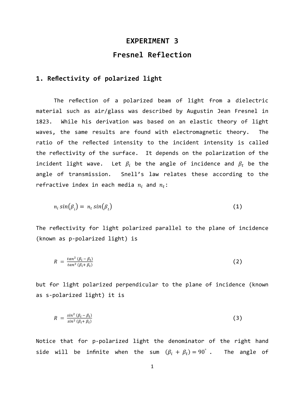 EXPERIMENT 3 Fresnel Reflection