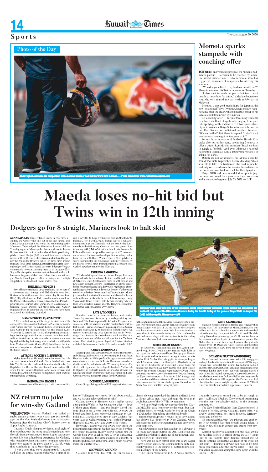 Maeda Loses No-Hit Bid but Twins Win in 12Th Inning Dodgers Go for 8 Straight, Mariners Look to Halt Skid