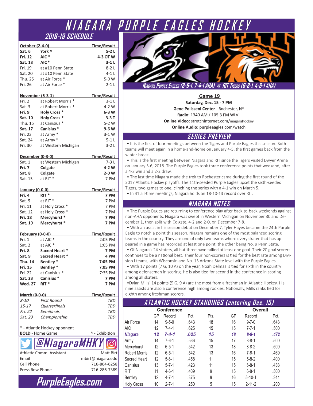 NIAGARA PURPLE EAGLES HOCKEY 2018-19 SCHEDULE October (2-4-0) Time/Result Sat