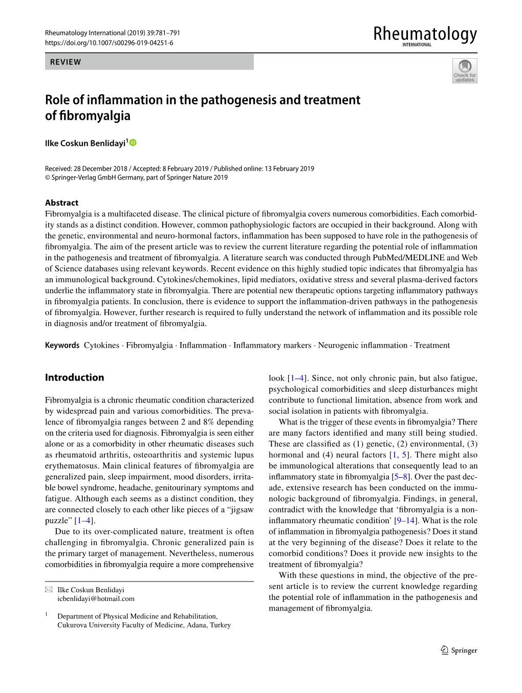 Role of Inflammation in the Pathogenesis and Treatment of Fibromyalgia