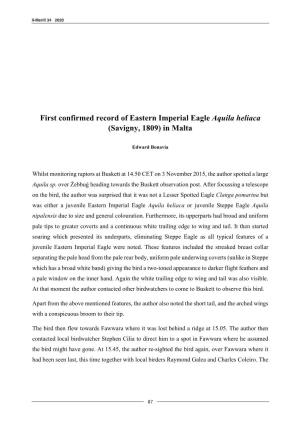 First Confirmed Record of Eastern Imperial Eagle Aquila Heliacal