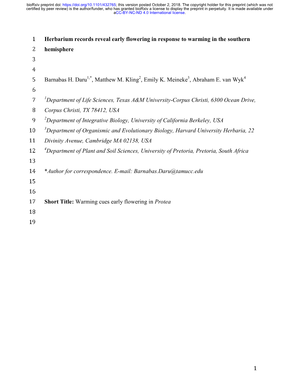 Herbarium Records Reveal Early Flowering in Response to Warming in the Southern 2 Hemisphere 3 4 5 Barnabas H