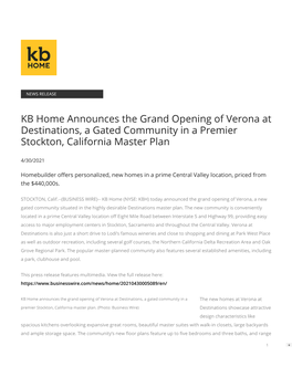 KB Home Announces the Grand Opening of Verona at Destinations, a Gated Community in a Premier Stockton, California Master Plan