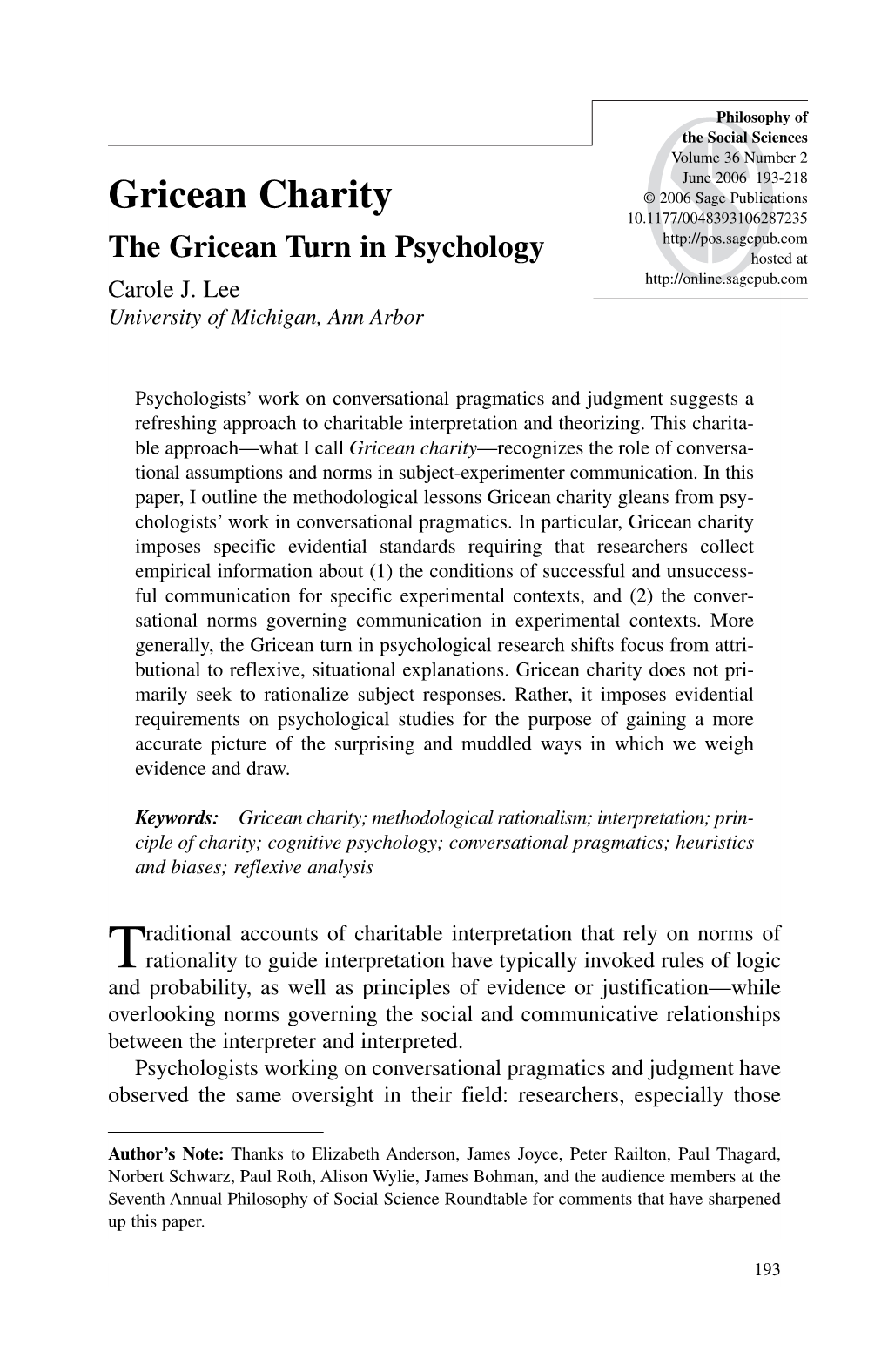 Gricean Charity © 2006 Sage Publications 10.1177/0048393106287235 the Gricean Turn in Psychology Hosted at Carole J