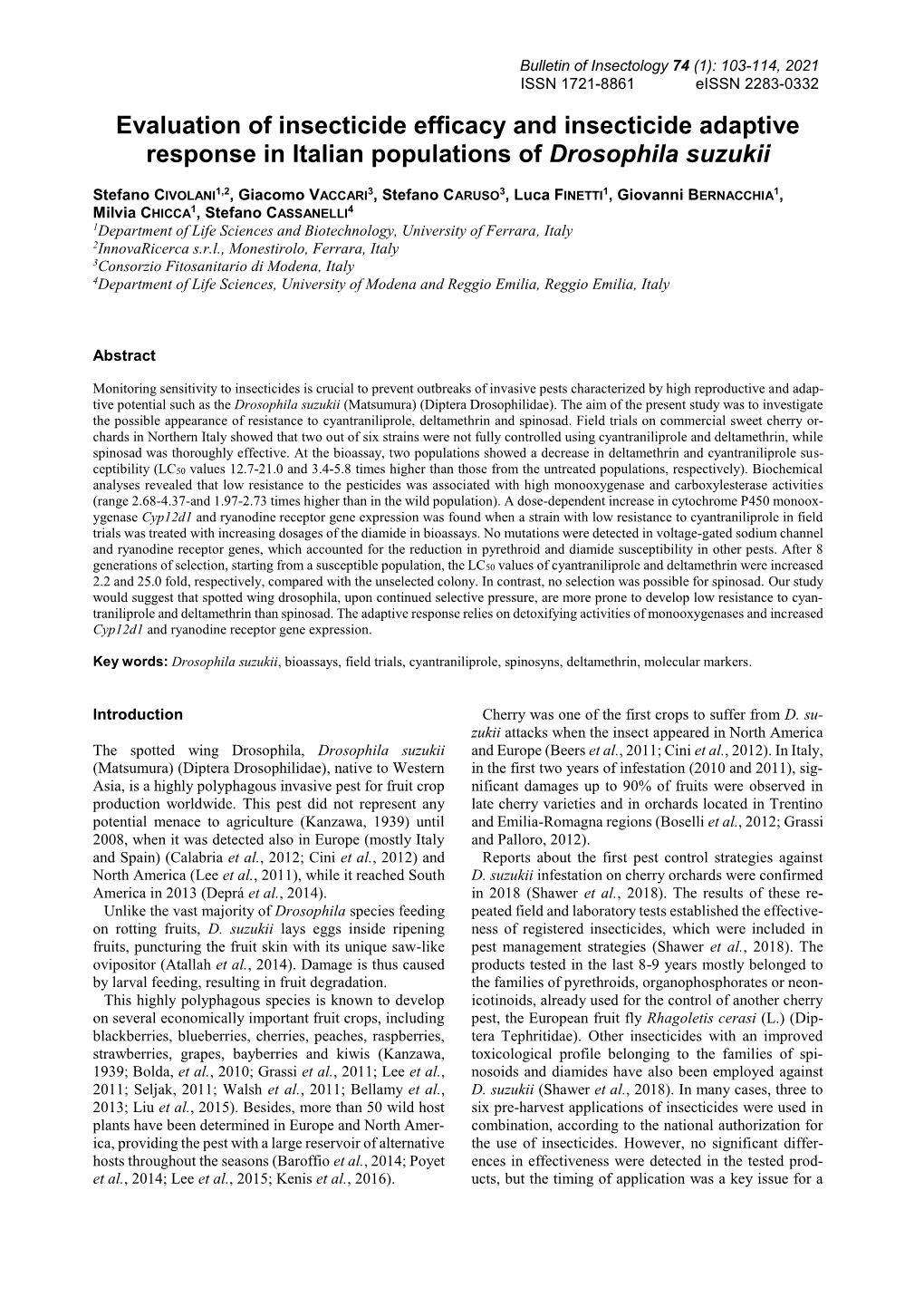 Evaluation of Insecticide Efficacy and Insecticide Adaptive Response in Italian Populations of Drosophila Suzukii