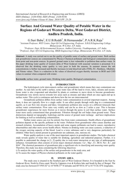 Surface and Ground Water Quality of Potable Water in the Regions of Godavari Western Delta, West Godavari District, Andhra Pradesh, India