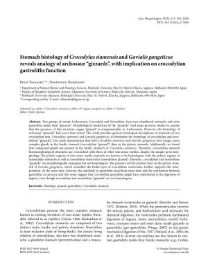 Stomach Histology of Crocodylus Siamensisand Gavialis Gangeticus Reveals Analogy of Archosaur