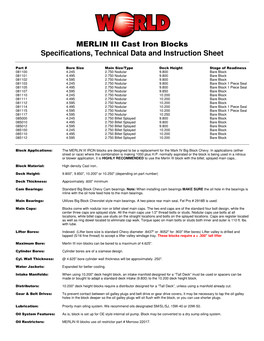 MERLIN III Cast Iron Blocks Specifications, Technical Data and Instruction Sheet