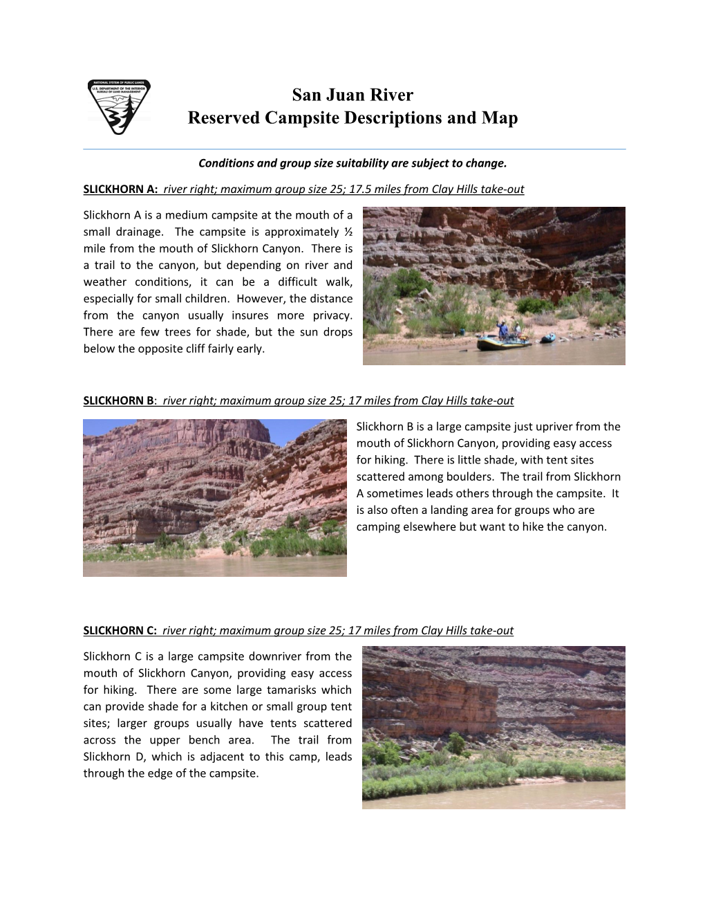 San Juan River Reserved Campsite Descriptions and Map