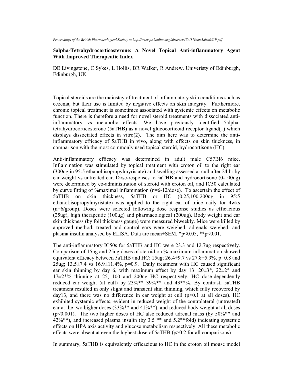 5Alpha-Tetrahydrocorticosterone: a Novel Topical Anti-Inflammatory Agent with Improved Therapeutic Index