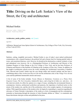 Sorkin's View of the Street, the City and Architecture