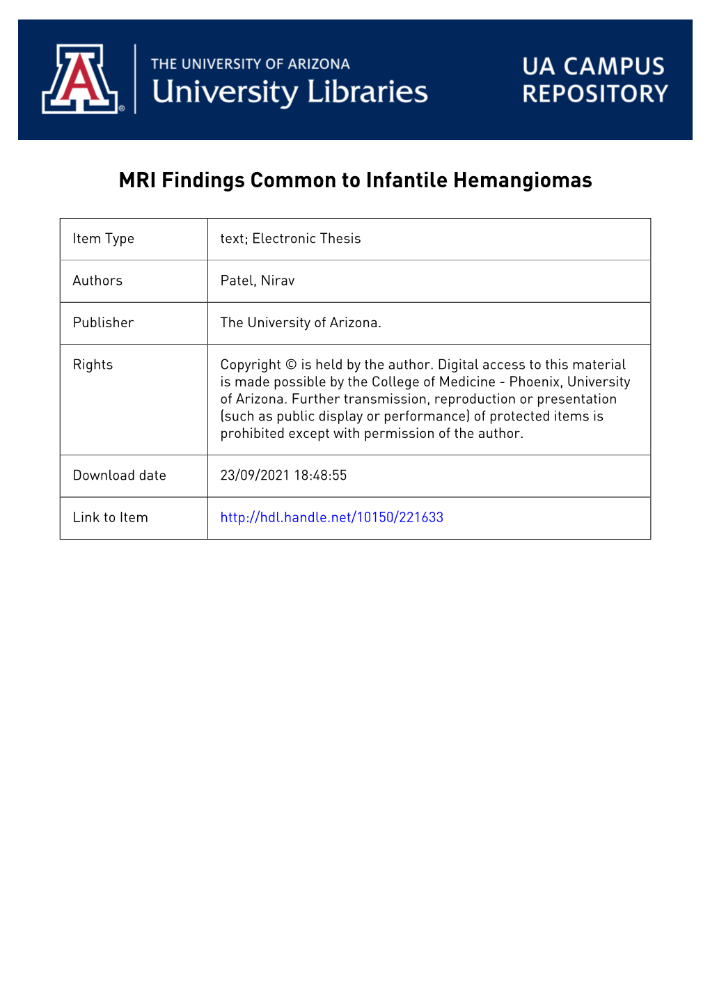 MRI Findings Common to Infantile Hemangiomas