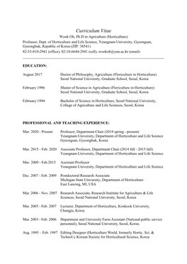 Curriculum Vitae Wook Oh, Ph.D in Agriculture (Horticulture) Professor, Dept