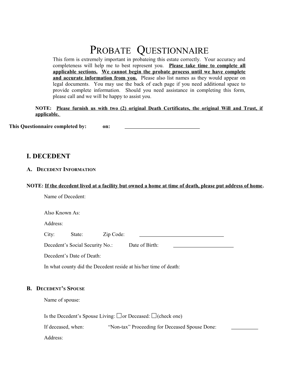 Probate Questionnaire