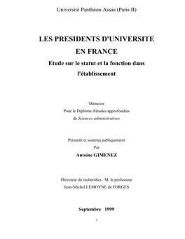 LES PRESIDENTS D'universite EN FRANCE Etude Sur Le Statut Et La Fonction Dans L'établissement