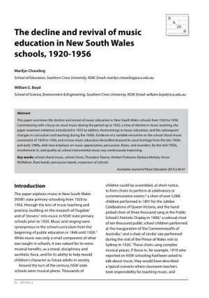 The Decline and Revival of Music Education in New South Wales Schools from 1920 to 1956