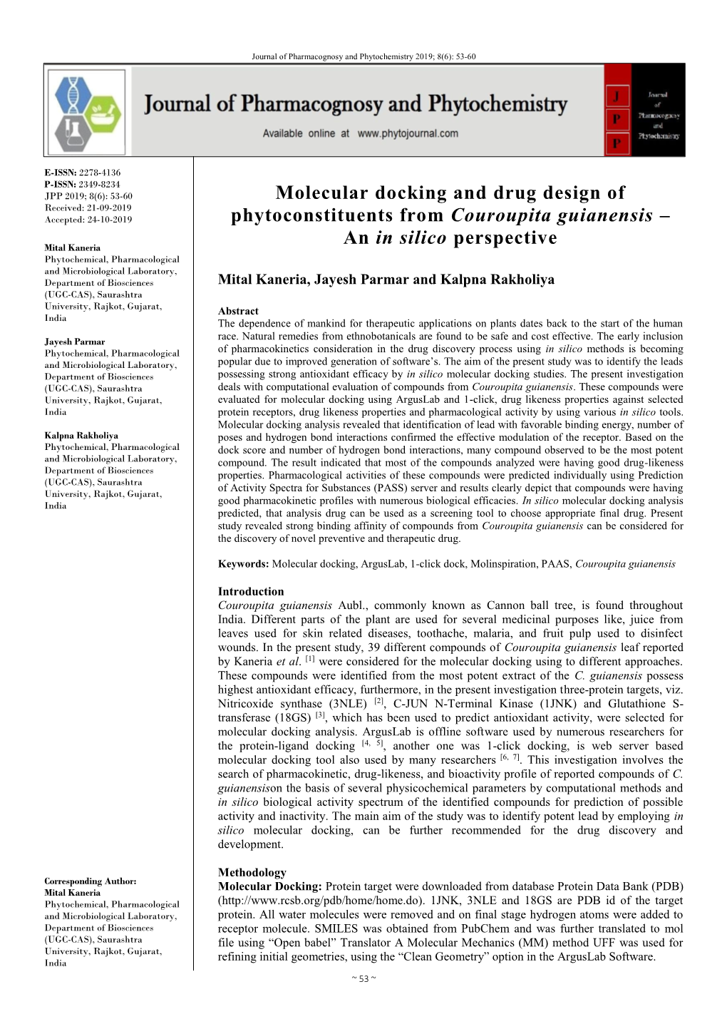 Molecular Docking and Drug Design of Phytoconstituents from Couroupita