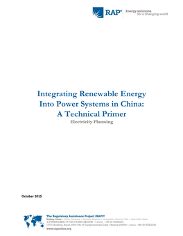 Integrating Renewable Energy Into Power Systems in China: a Technical Primer Electricity Planning