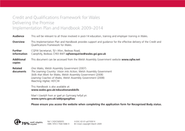 Credit and Qualifications Framework for Wales Delivering the Promise Implementation Plan and Handbook 2009 –2014