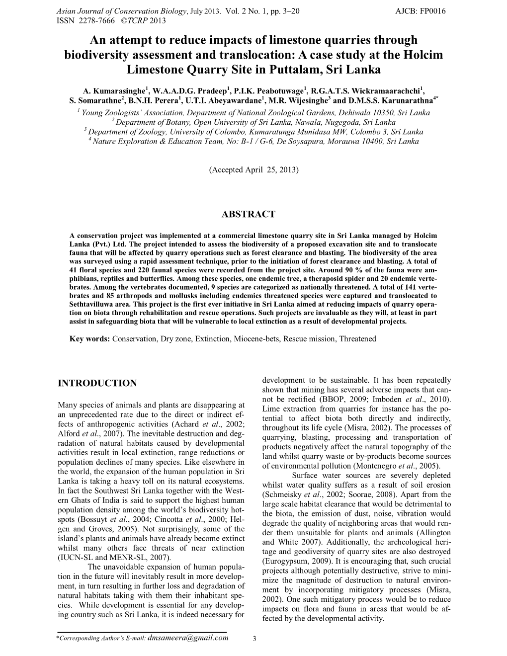 An Attempt to Reduce Impacts of Limestone Quarries Through Biodiversity ...