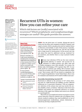 Recurrent Utis in Women: Department of Family Medicine, Uniformed Services University How You Can Refine Your Care of the Health Sciences, Bethesda, Md (Dr