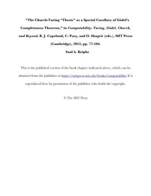 “The Church-Turing “Thesis” As a Special Corollary of Gödel's