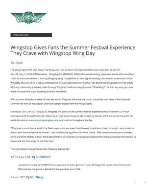 Wingstop Gives Fans the Summer Festival Experience They Crave with Wingstop Wing Day